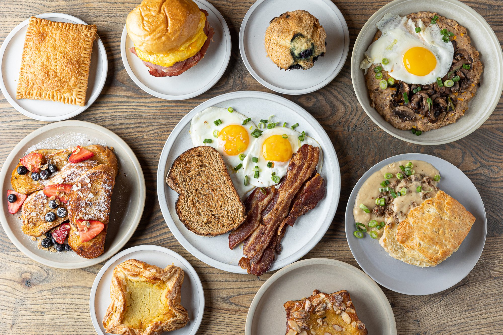 Overhead view of a full-breakfast